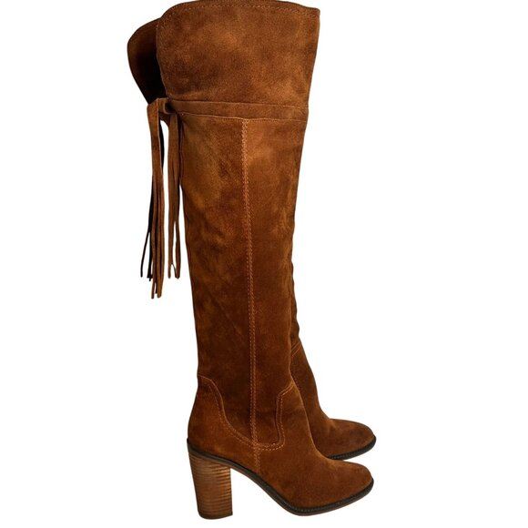 Franco Sarto Brown Suede Knee-High Boots Chunky Tassel Fringe Womens 6.5 Fall - Picture 3 of 10
